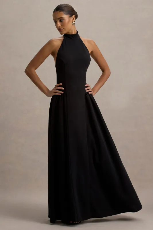 Cynthia | Black High-Neck Maxi Dress With Volume Skirt sold by Club L London