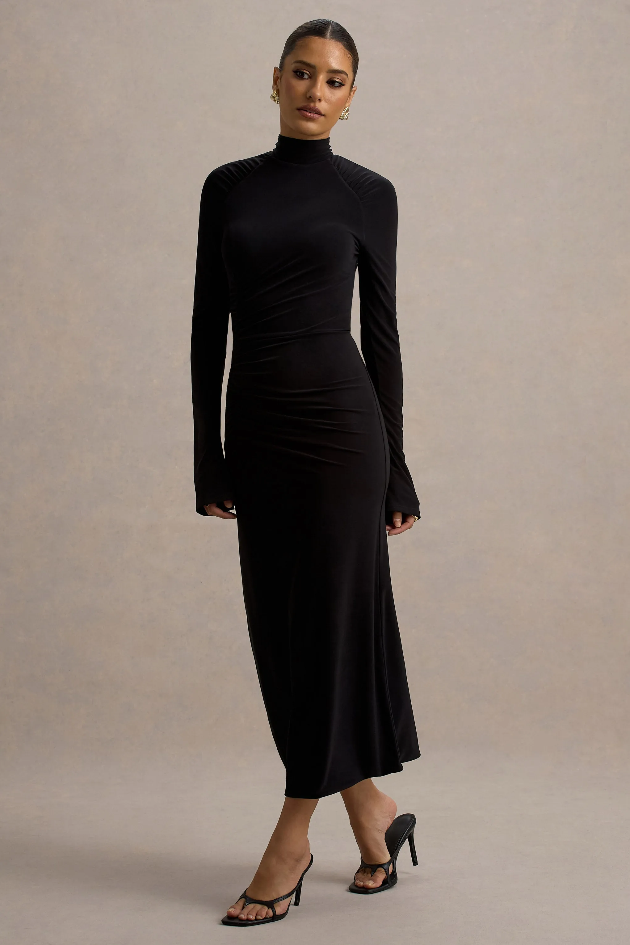 Cassandra | Black High-Neck Long-Sleeve Midi Dress sold by Club L London product image thumbnail 4