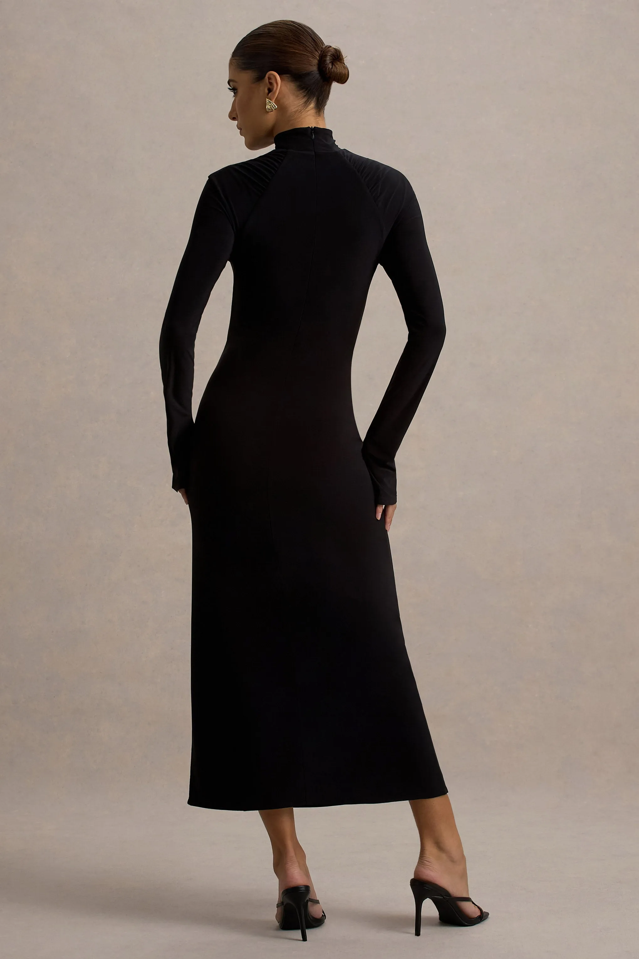 Cassandra | Black High-Neck Long-Sleeve Midi Dress sold by Club L London product image thumbnail 2