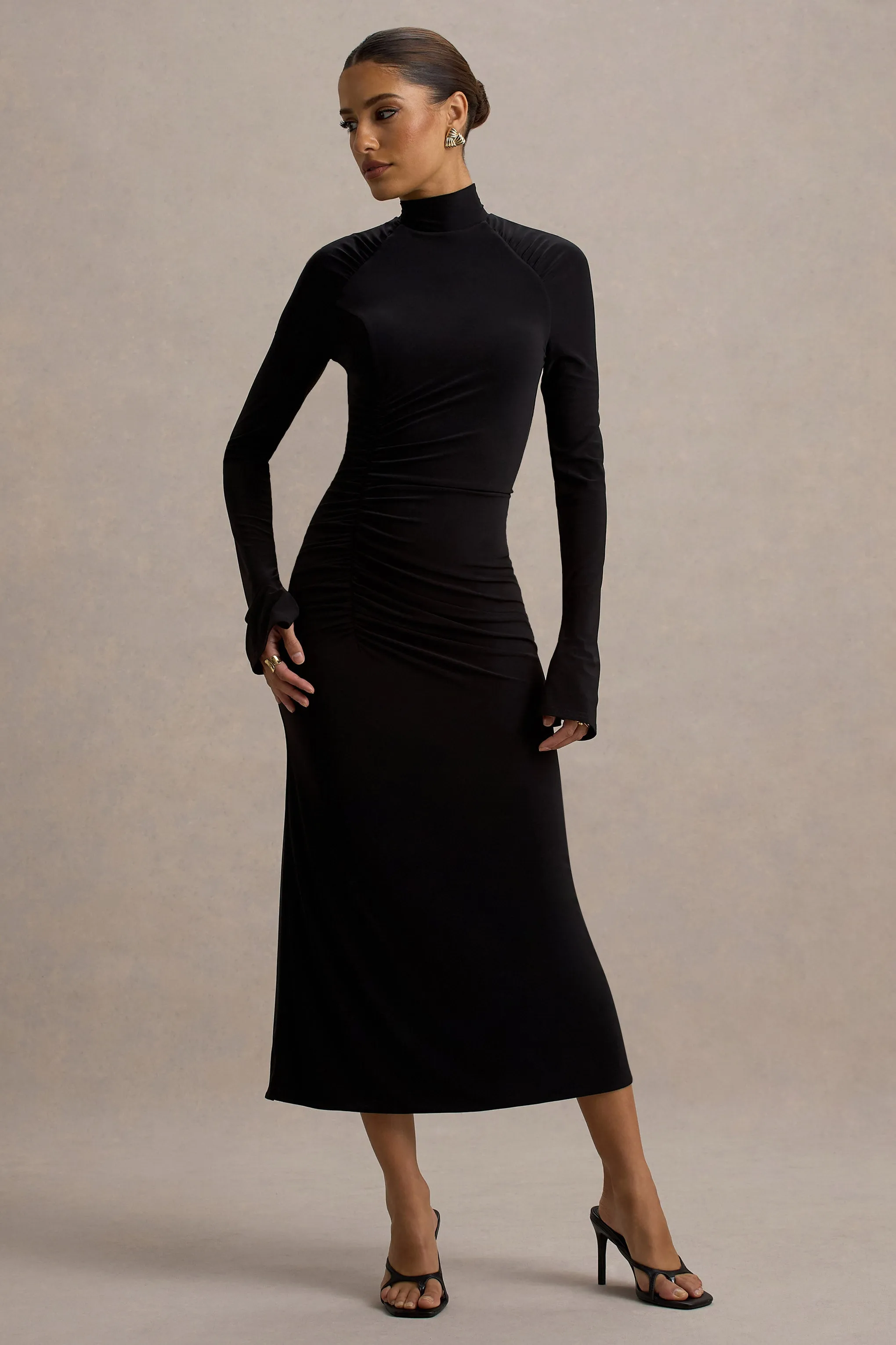 Cassandra | Black High-Neck Long-Sleeve Midi Dress sold by Club L London