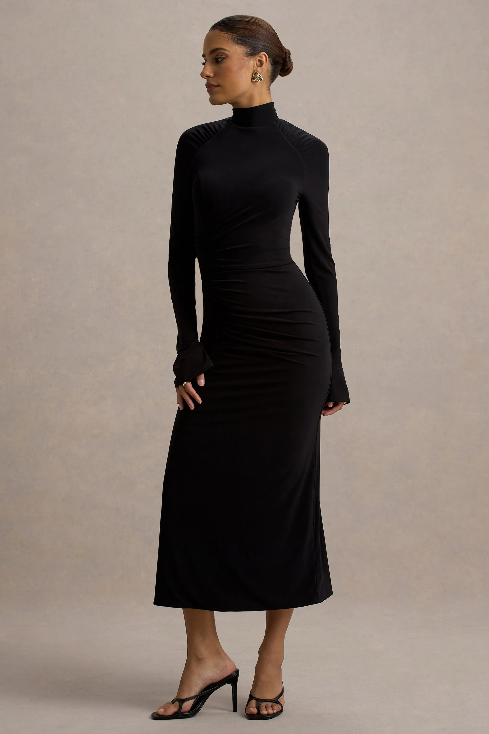 Cassandra | Black High-Neck Long-Sleeve Midi Dress sold by Club L London product image thumbnail 5