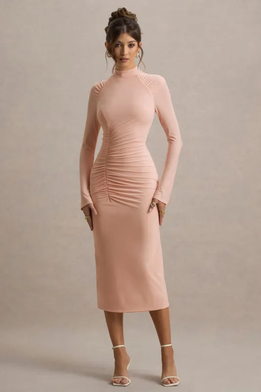 Cassandra | Pink High-Neck Long-Sleeve Midi Dress sold by Club L London