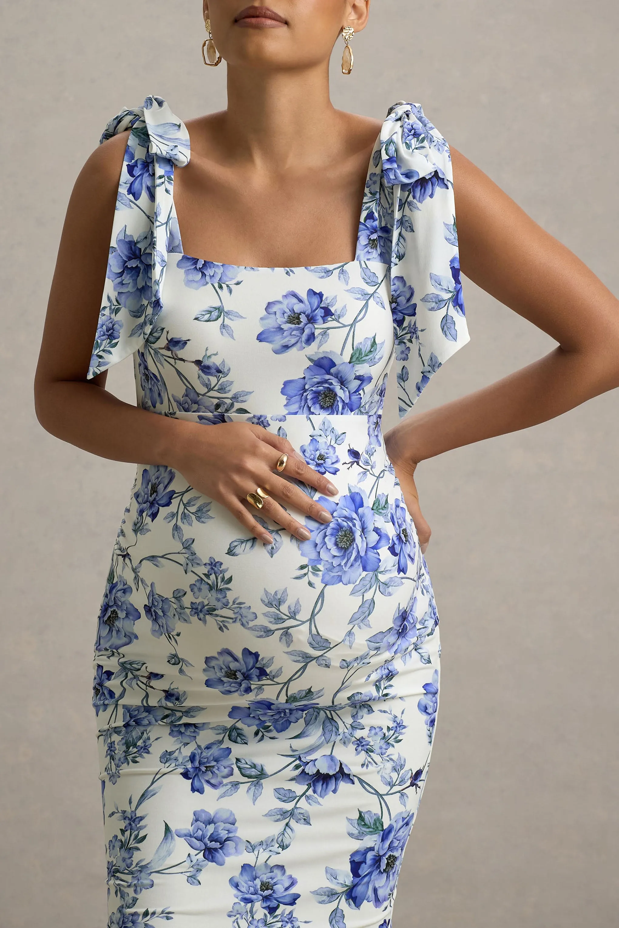 Linnie | Blue Floral Print Square-Neck Maternity Midi Dress With Bow Straps sold by Club L London product image thumbnail 3