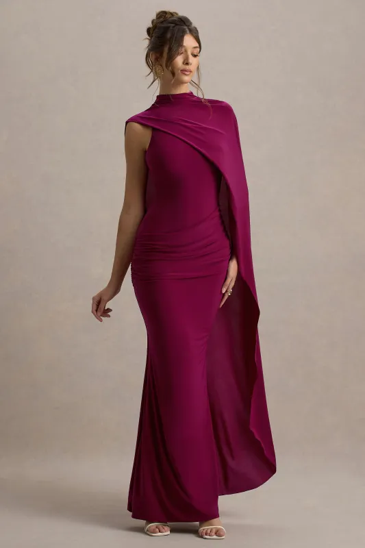 Maeve | Burgundy Cape-Sleeve Draped Maxi Dress sold by Club L London