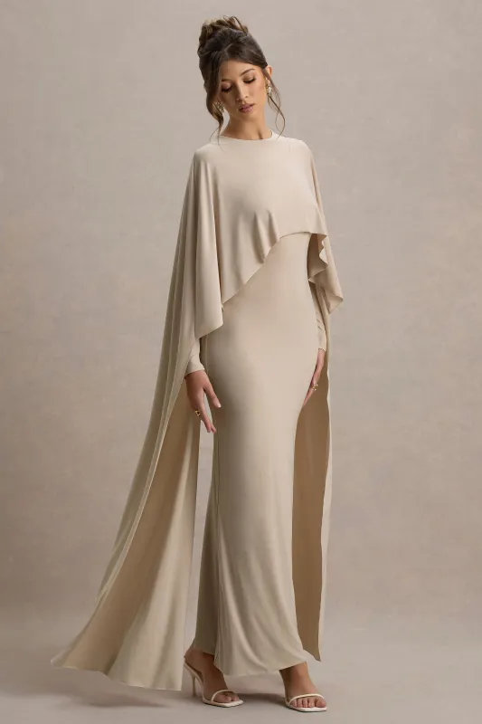 Belinda | Champagne Draped Maxi Dress With Cape Sleeves sold by Club L London