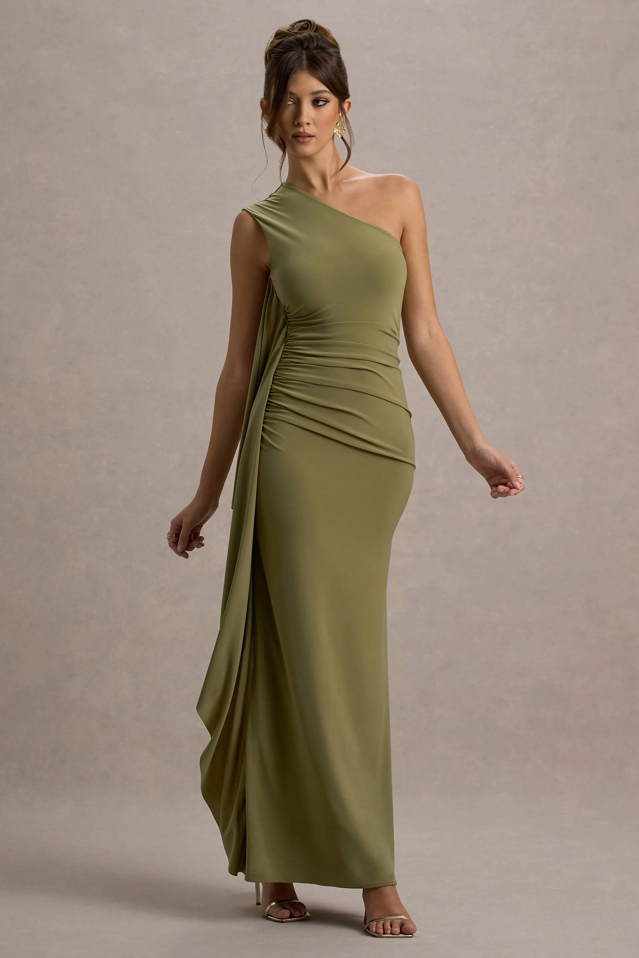 Adelina | Olive One-Shoulder Maxi Dress With Drape sold by Club L London product image thumbnail 4