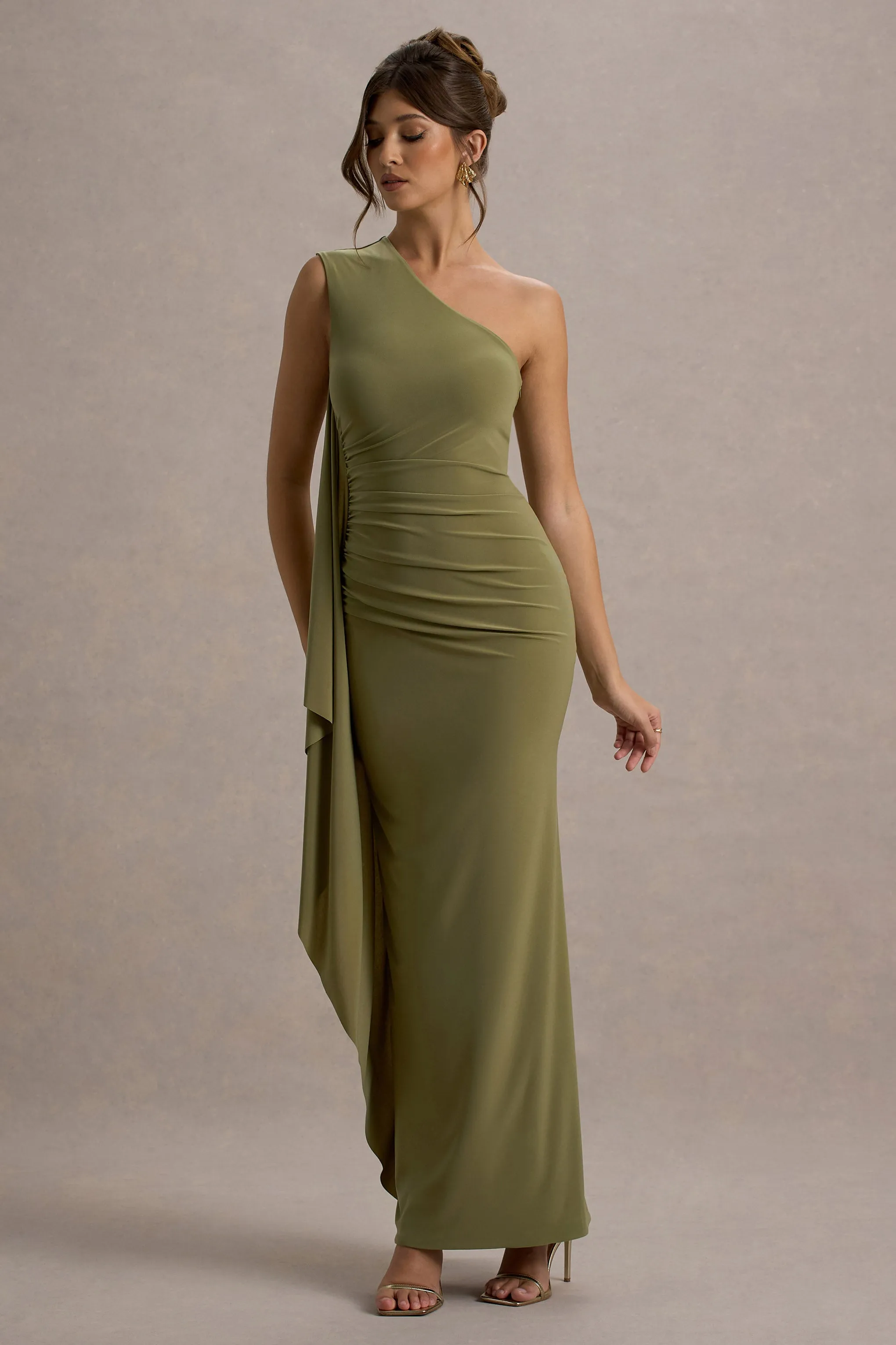 Adelina | Olive One-Shoulder Maxi Dress With Drape sold by Club L London product image thumbnail 5