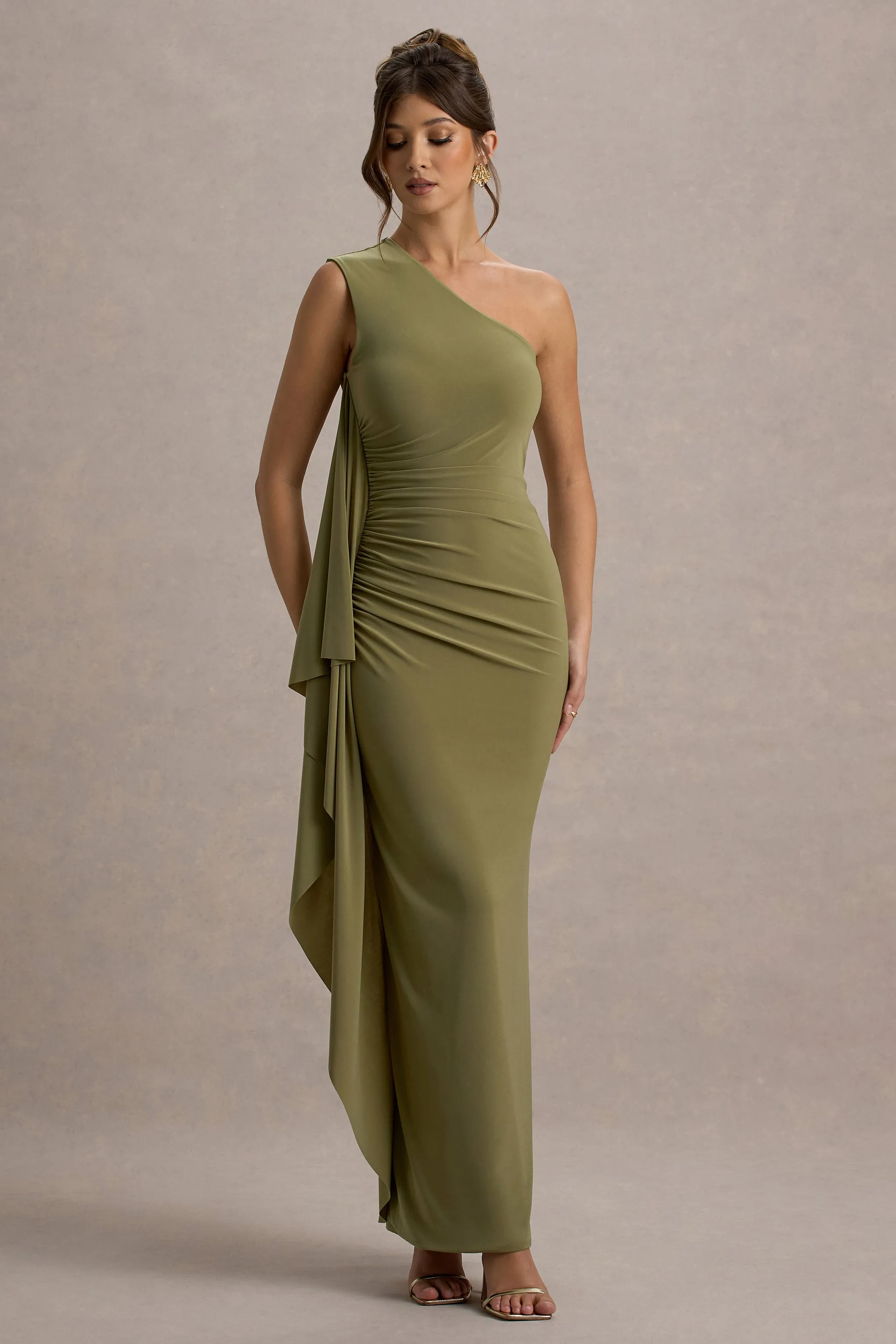 Adelina | Olive One-Shoulder Maxi Dress With Drape sold by Club L London