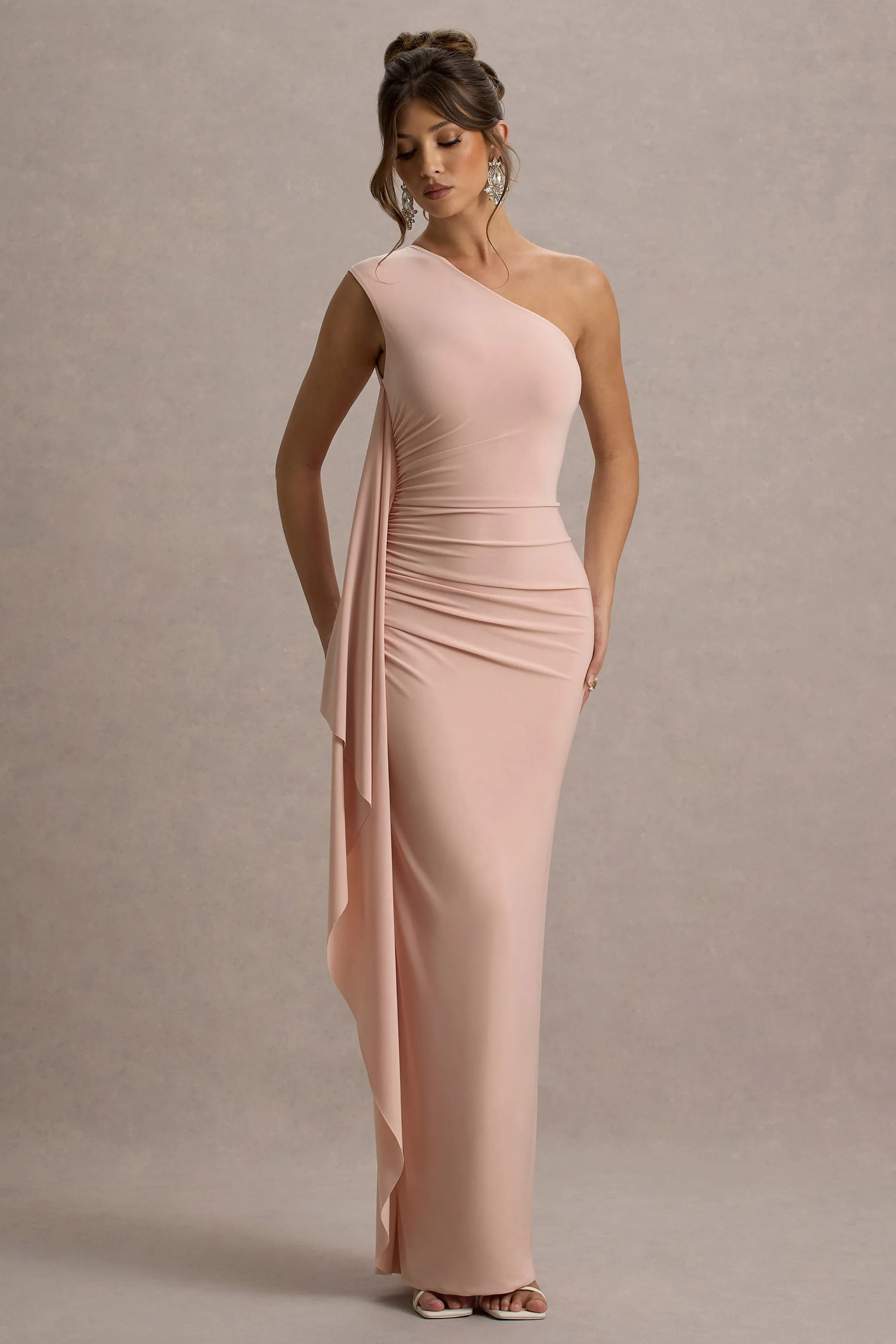 Adelina | Pink One-Shoulder Maxi Dress With Drape sold by Club L London