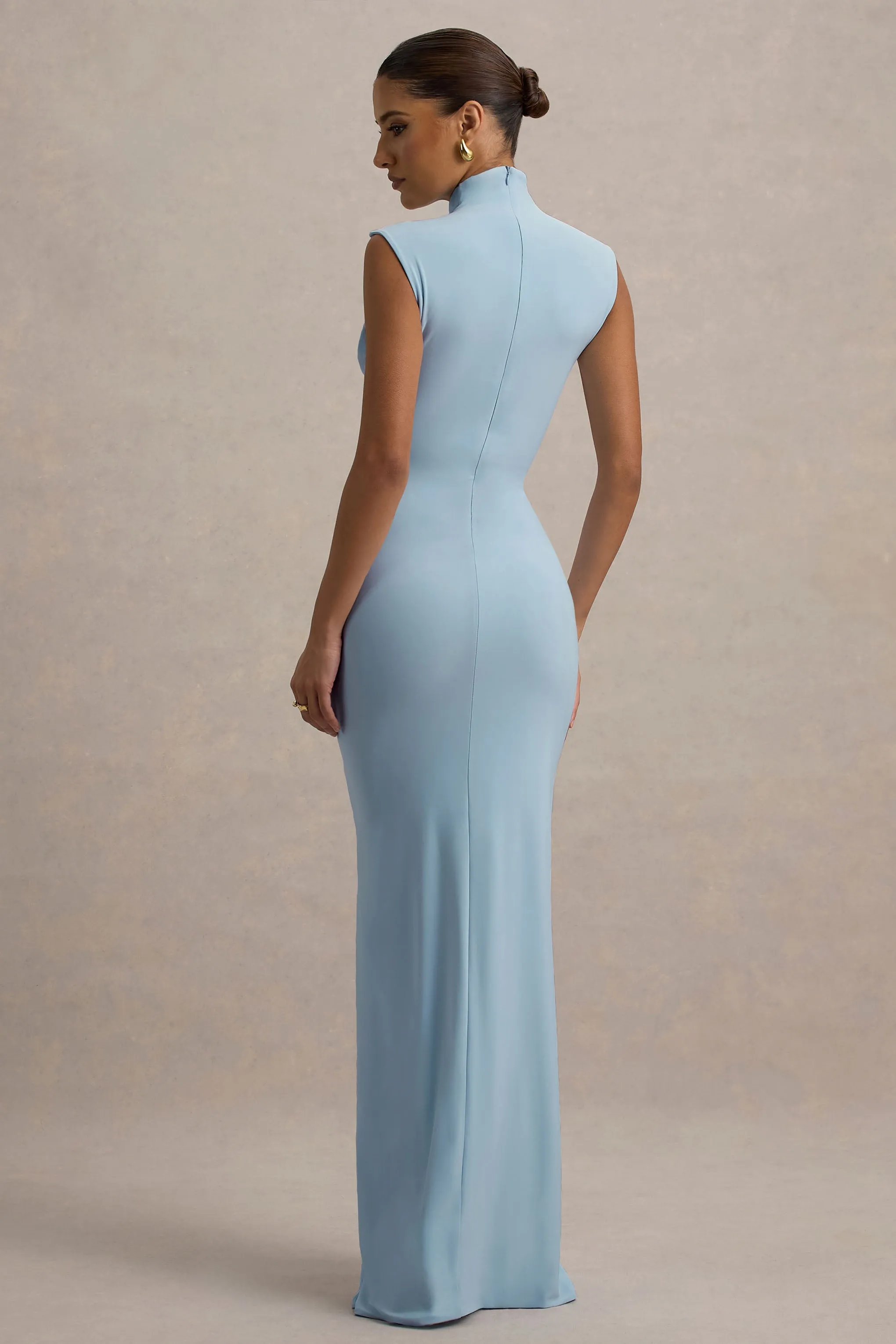 Lanetta | Powder Blue Ruched High-Neck Maxi Dress With Split sold by Club L London product image thumbnail 2