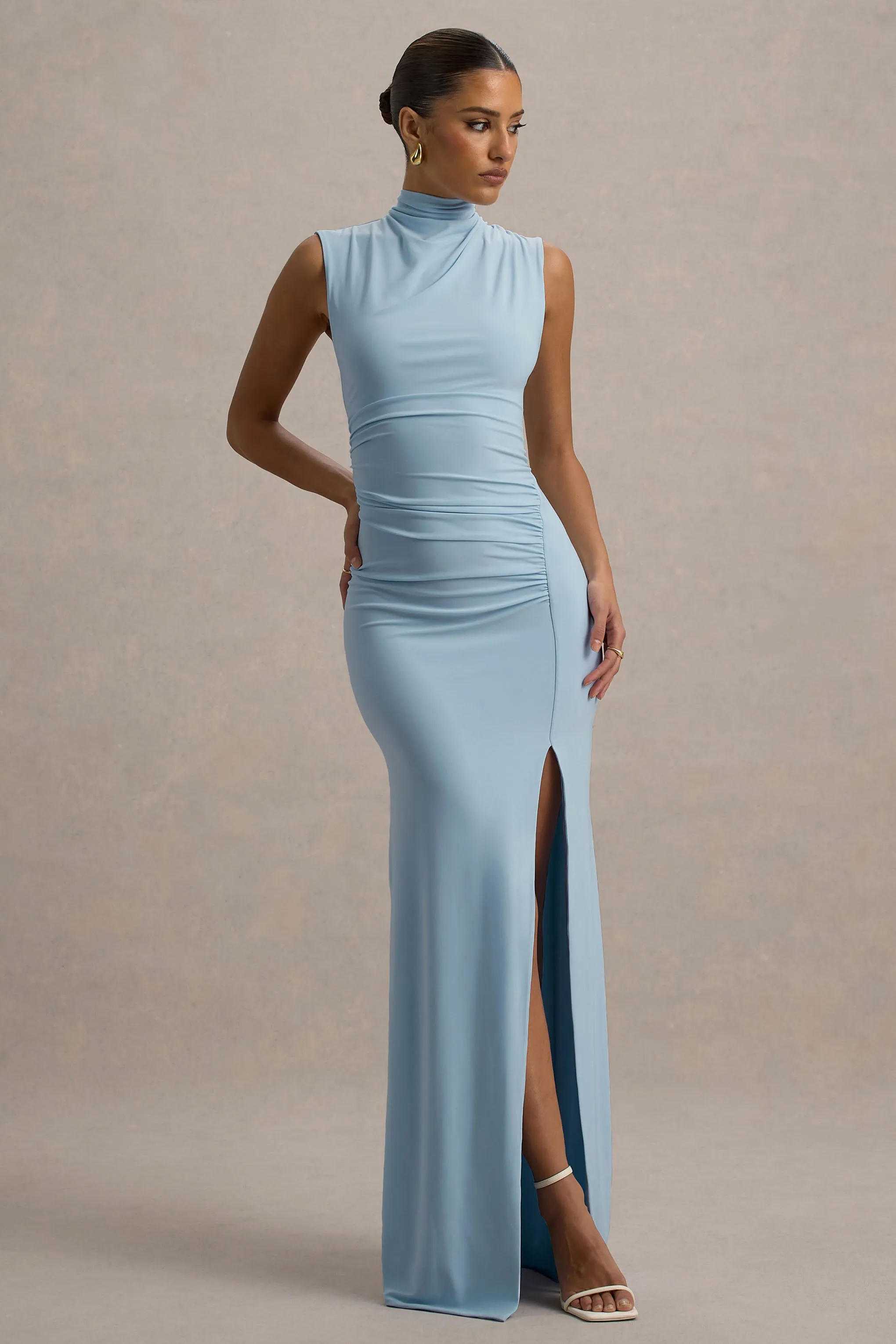 Lanetta | Powder Blue Ruched High-Neck Maxi Dress With Split sold by Club L London product image thumbnail 5
