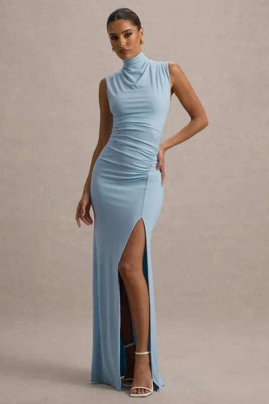 Lanetta | Powder Blue Ruched High-Neck Maxi Dress With Split sold by Club L London