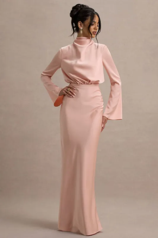 Celina | Light Pink Satin High-Neck Maxi Dress sold by Club L London