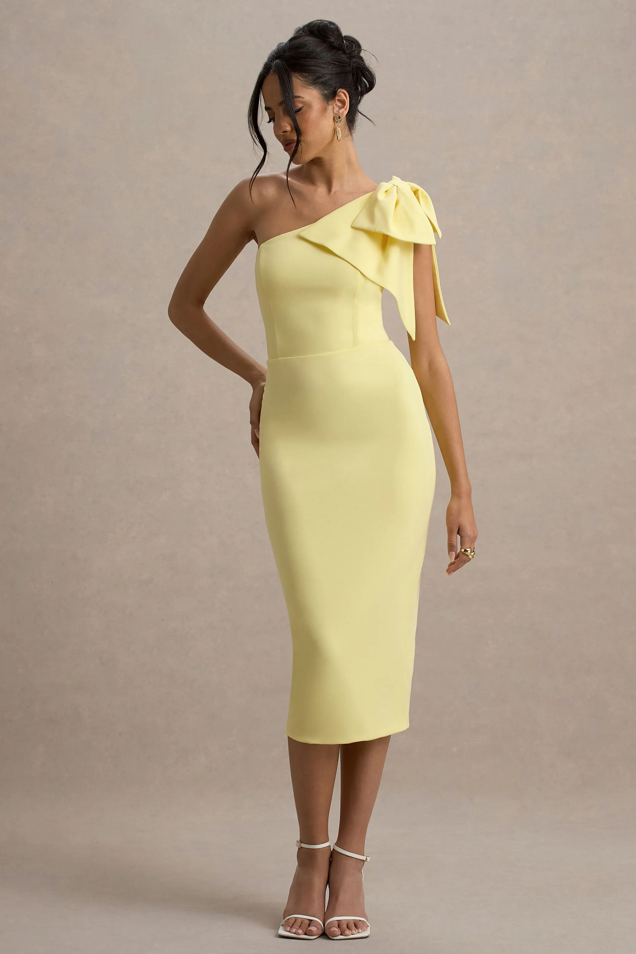 Ambretta | Lemon One-Shoulder Midi Dress With Bow sold by Club L London product image thumbnail 4
