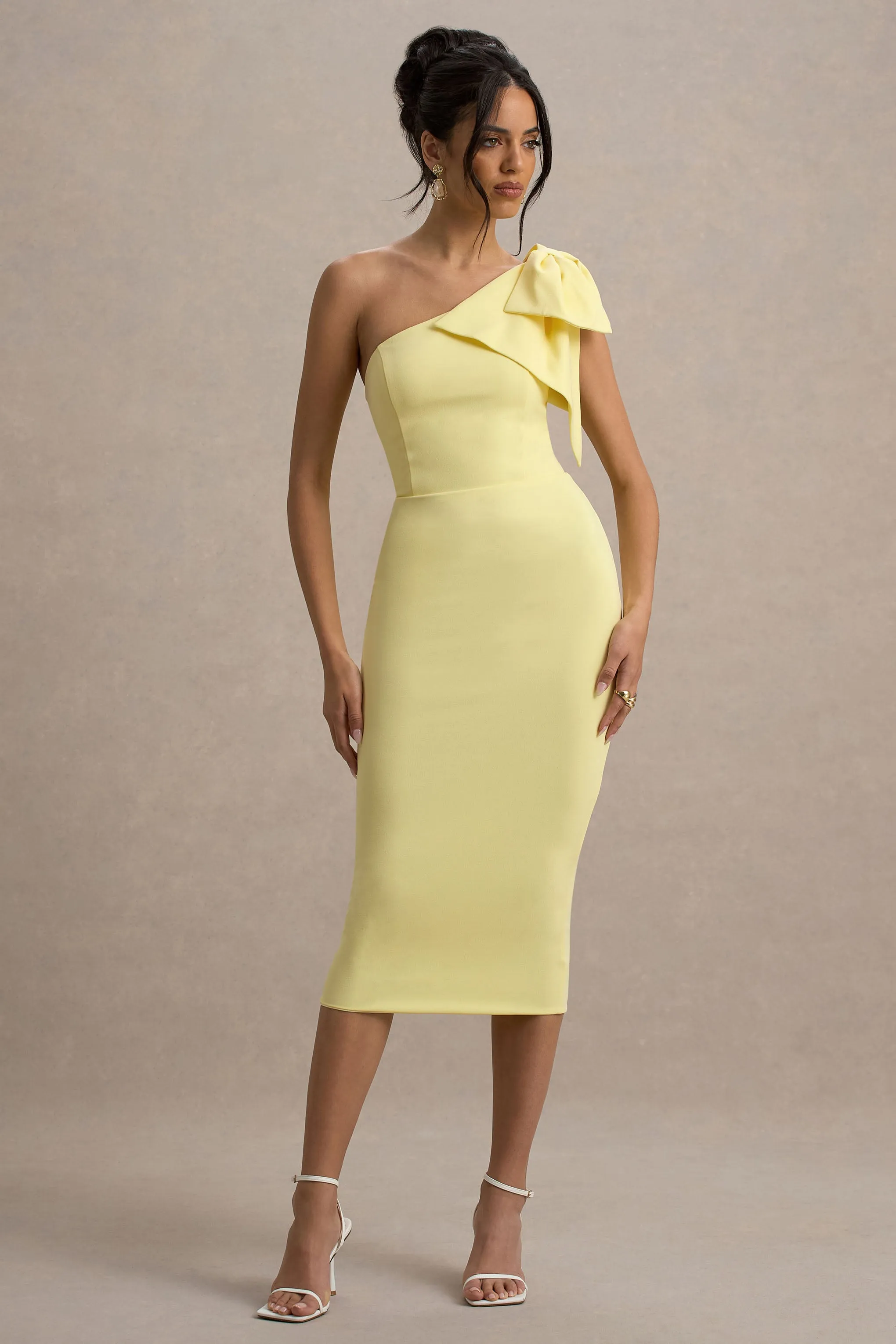 Ambretta | Lemon One-Shoulder Midi Dress With Bow sold by Club L London