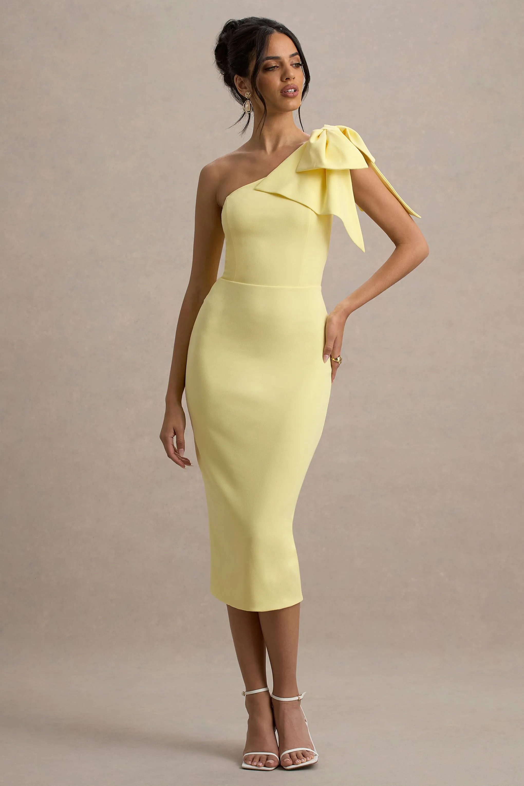 Ambretta | Lemon One-Shoulder Midi Dress With Bow sold by Club L London product image thumbnail 5