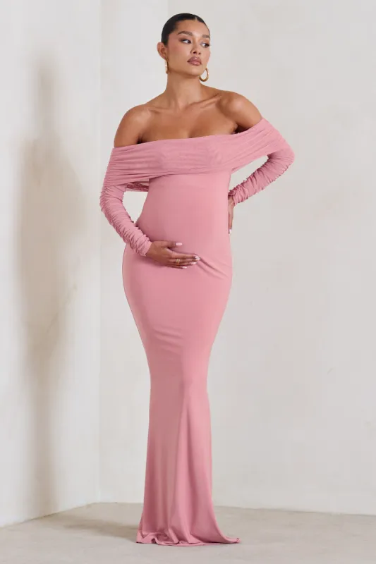 Pretty Perfect | Blush Pink Maternity Ruched Mesh Bardot Maxi Dress sold by Club L London