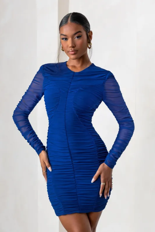 Euphoria | Royal Blue Ruched Mesh Long Sleeve Mini Dress sold by Club L London