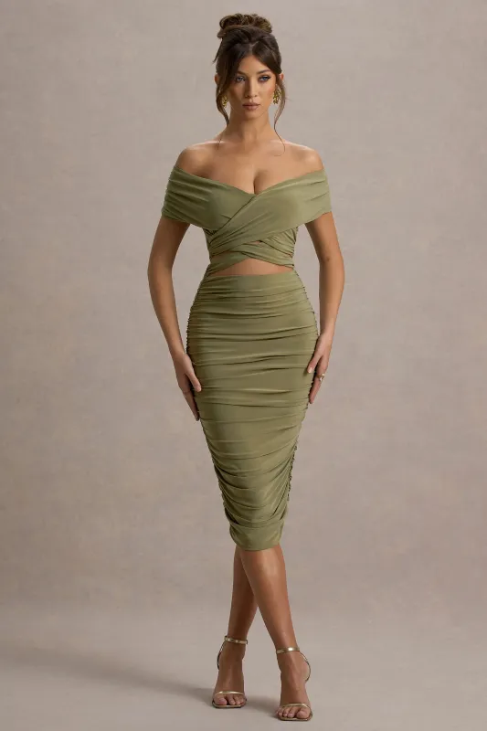 Clovette | Olive Ruched Bardot Cut-Out Midi Dress sold by Club L London