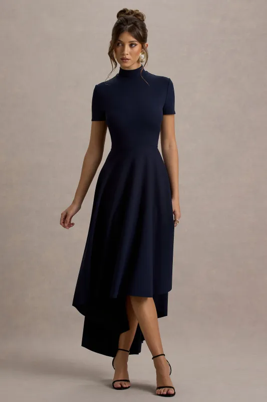 Bellona | Navy High-Neck High-Low Midi Dress sold by Club L London