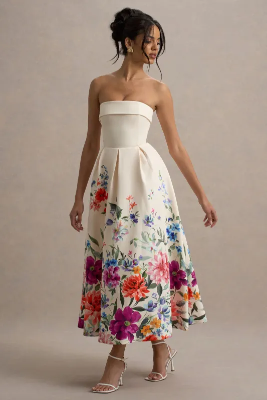 Annalise | Light Pink Floral Print Bandeau Skater Midi Dress sold by Club L London