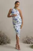 Late Night | Blue Floral Print Maternity Ruched One Shoulder Midi Dress sold by Club L London