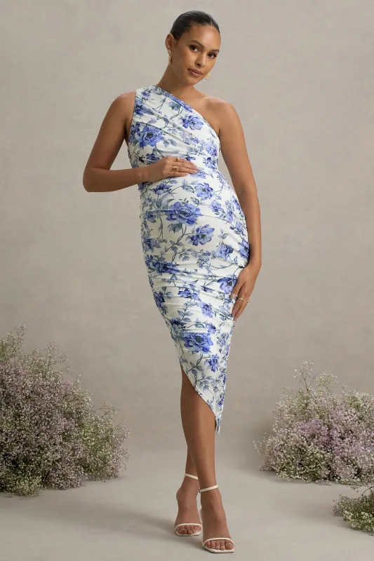 Late Night | Blue Floral Print Maternity Ruched One Shoulder Midi Dress sold by Club L London