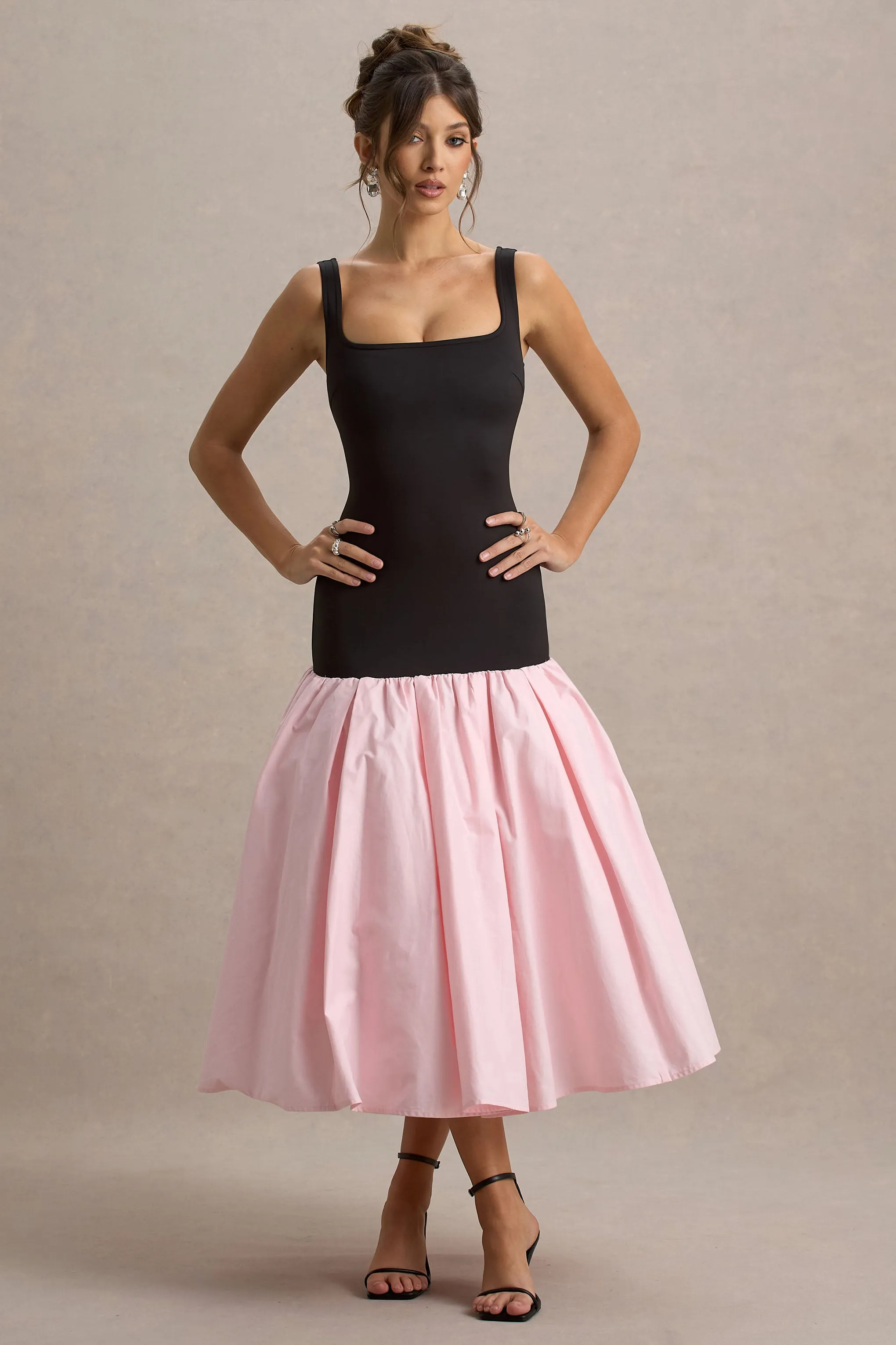 Parida | Black & Pink Poplin Drop-Waist Maxi Dress With Peplum Hem sold by Club L London product image thumbnail 4