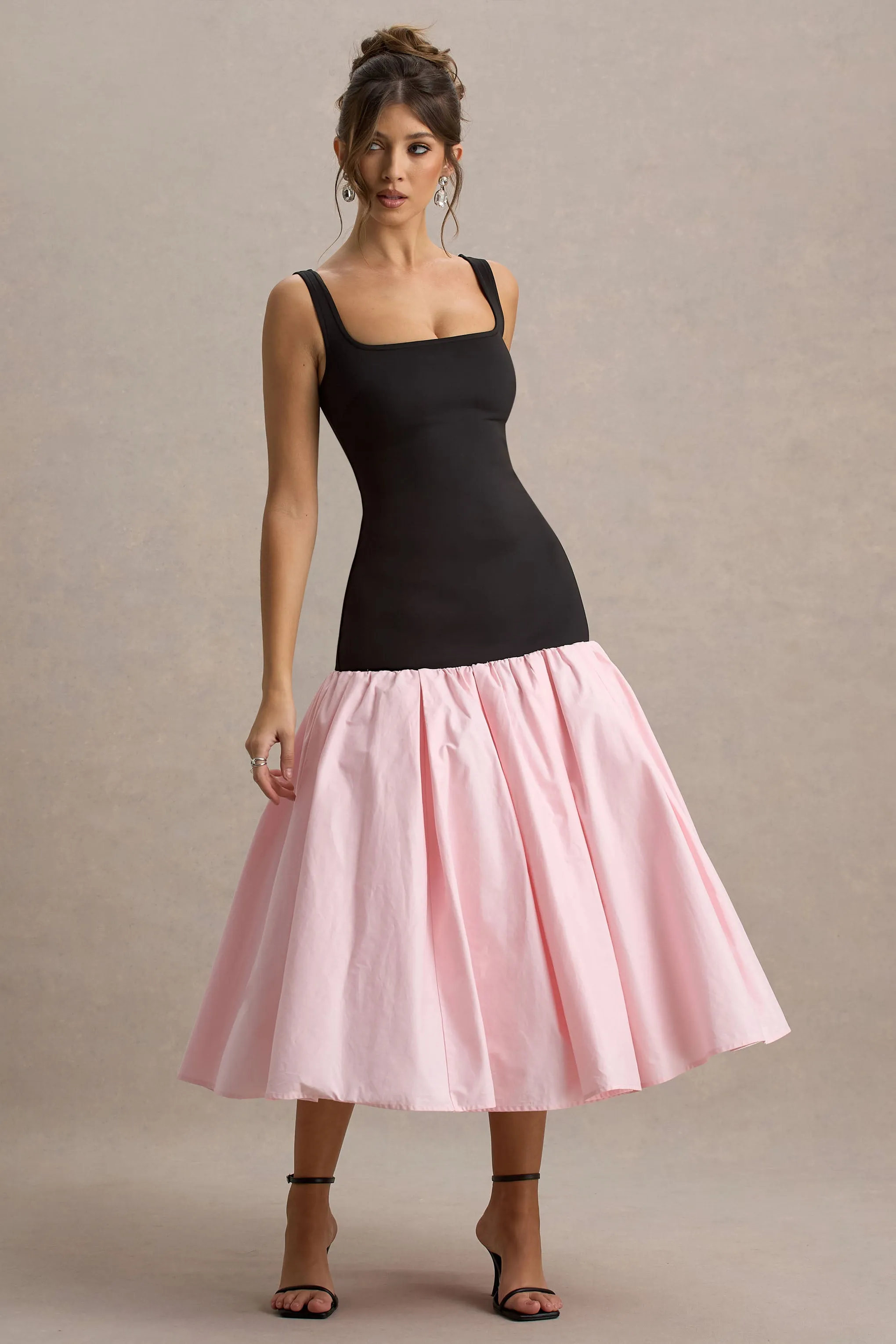 Parida | Black & Pink Poplin Drop-Waist Maxi Dress With Peplum Hem sold by Club L London product image thumbnail 5