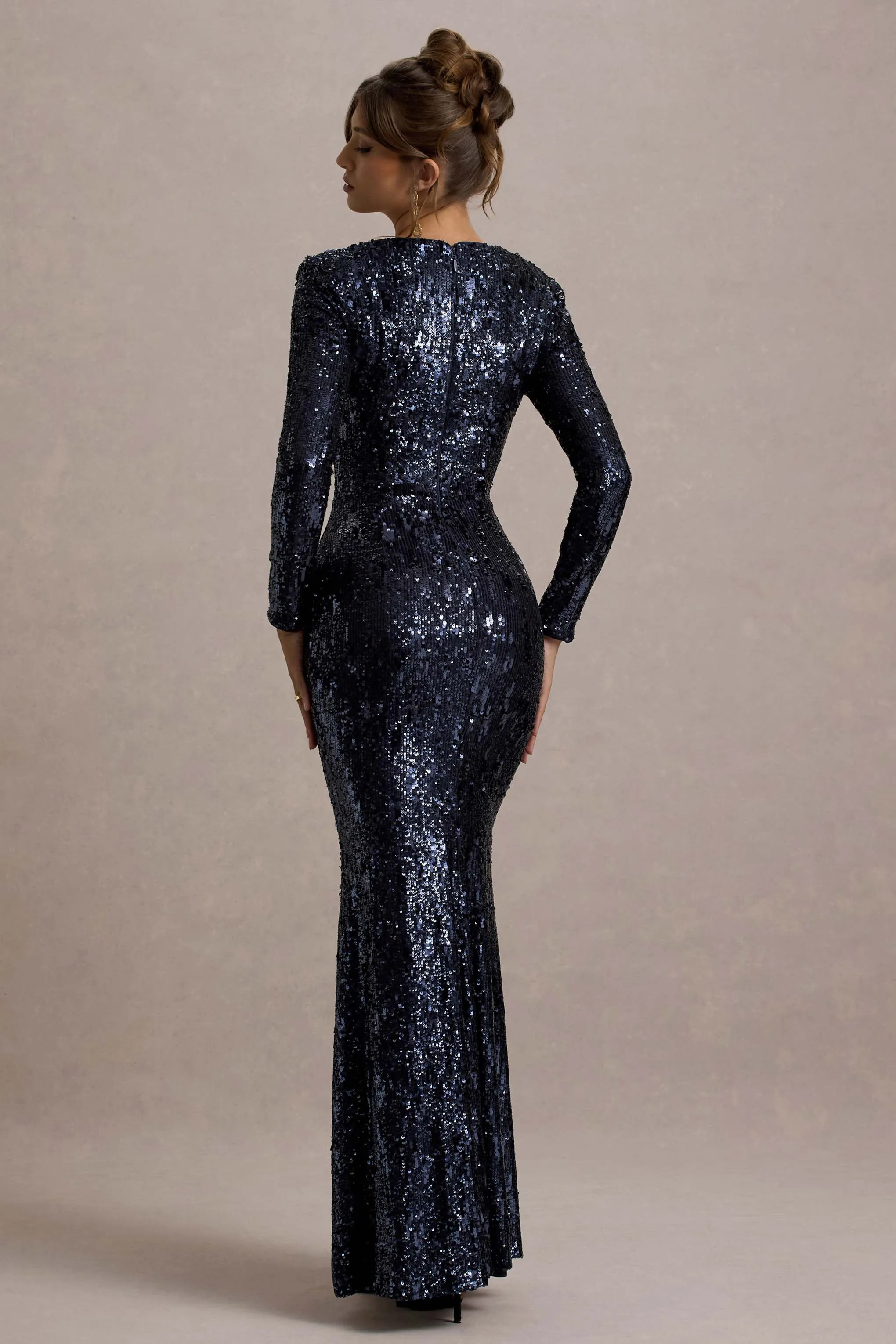 Ensley | Navy Sequin Sweetheart Long-Sleeve Maxi Dress sold by Club L London product image thumbnail 2