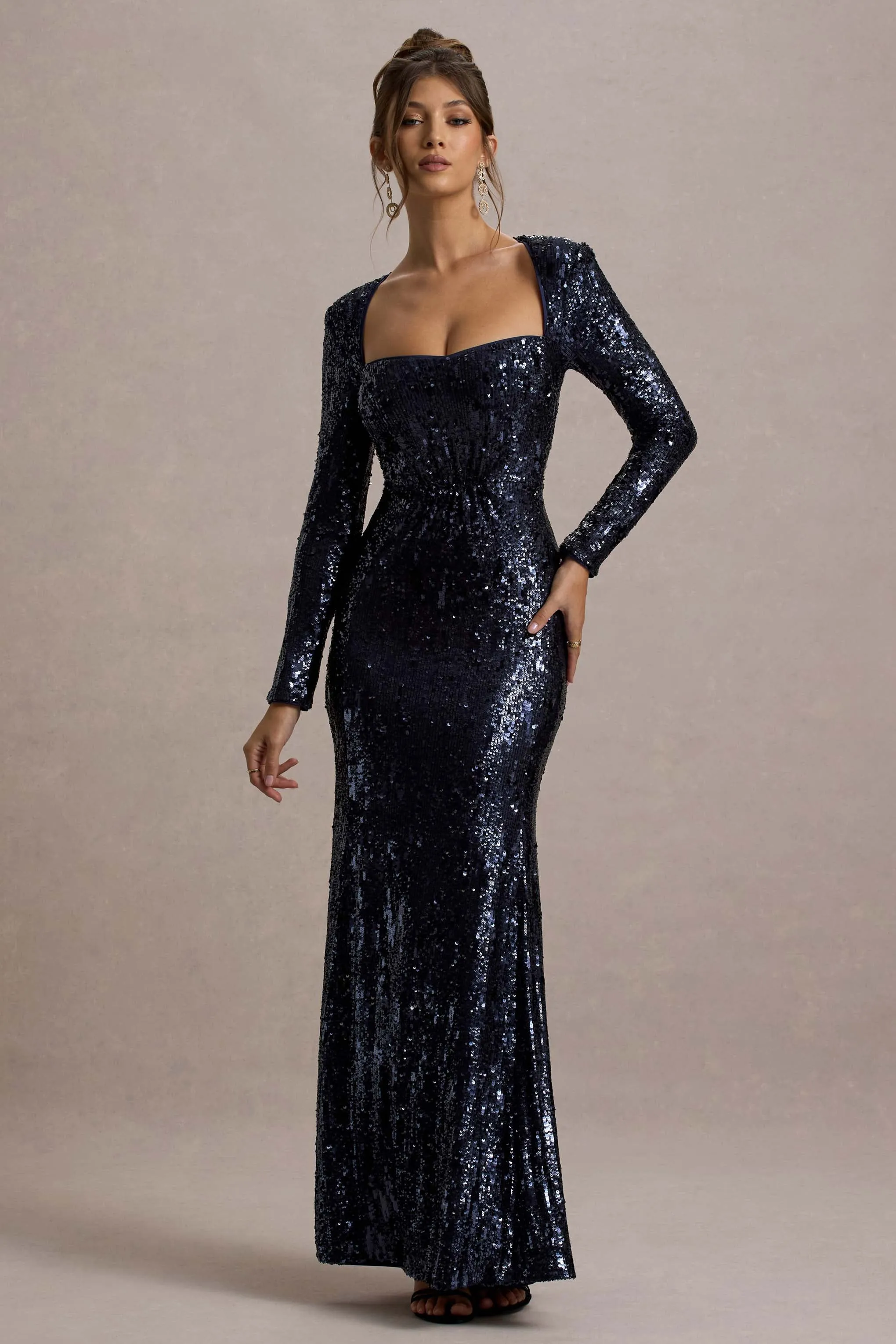 Ensley | Navy Sequin Sweetheart Long-Sleeve Maxi Dress sold by Club L London product image thumbnail 4