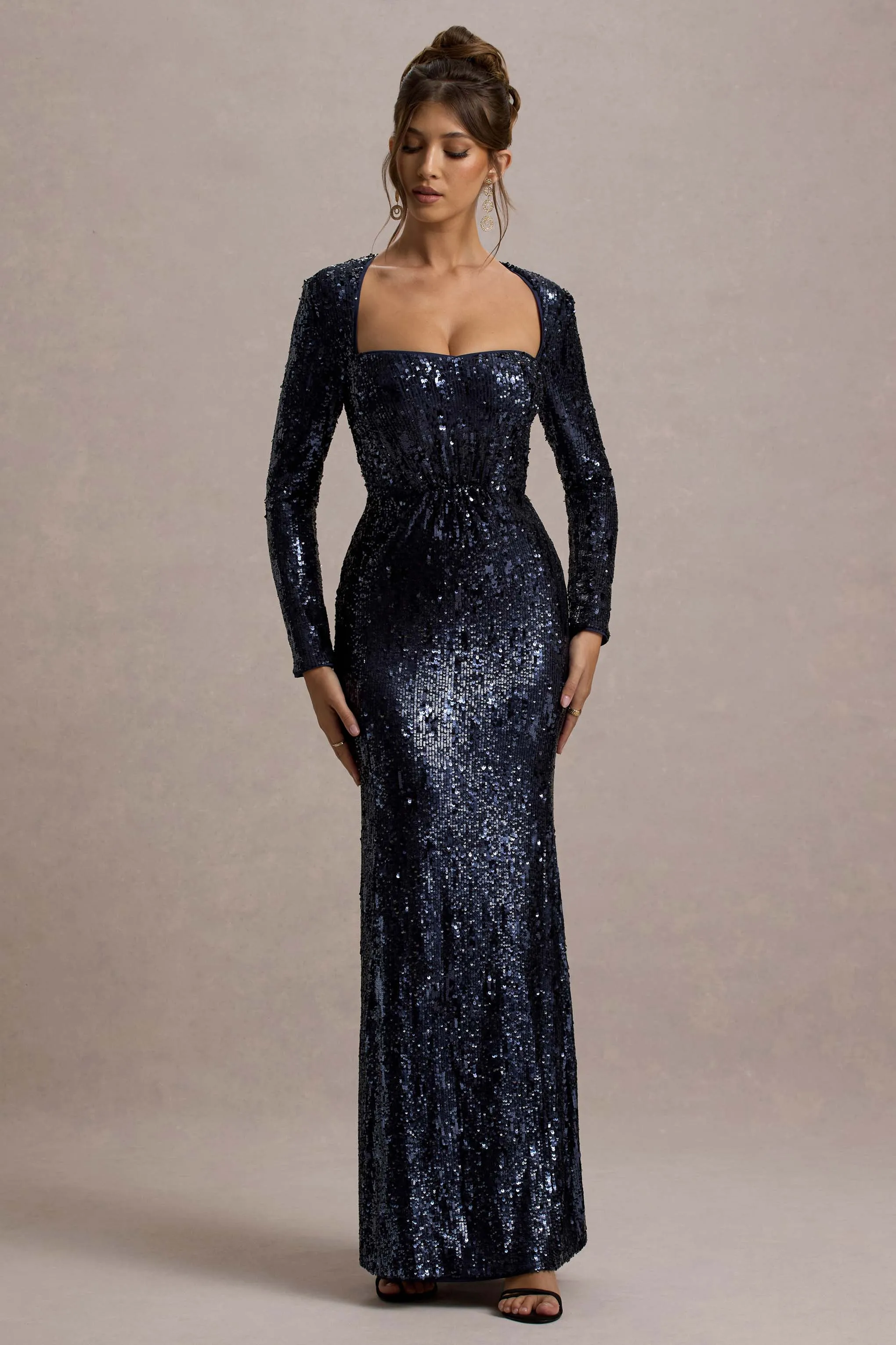 Ensley | Navy Sequin Sweetheart Long-Sleeve Maxi Dress sold by Club L London