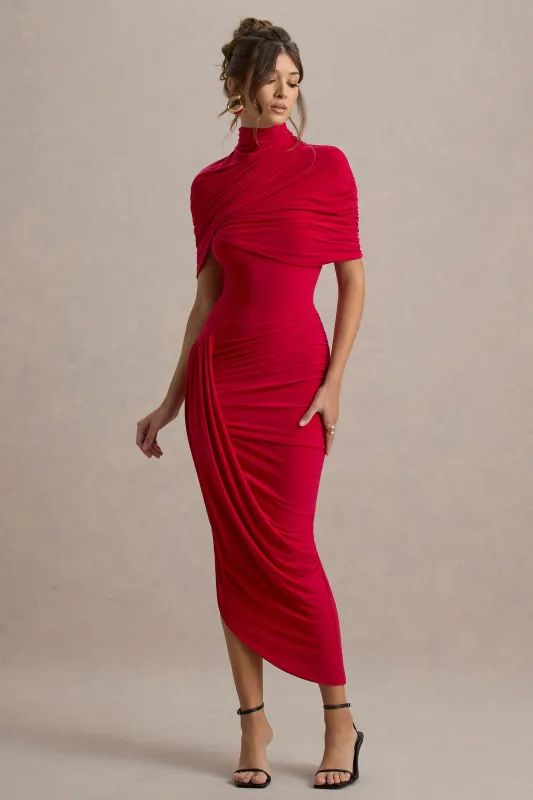 Enchant | Red Asymmetric Twisted Cape Maxi Dress sold by Club L London