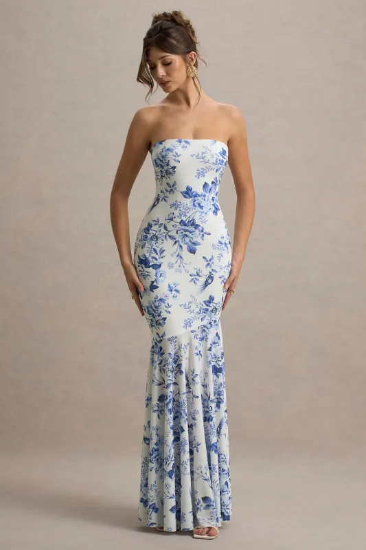 Callie | Blue Porcelain Print Bandeau Fishtail Maxi Dress made by Club L London