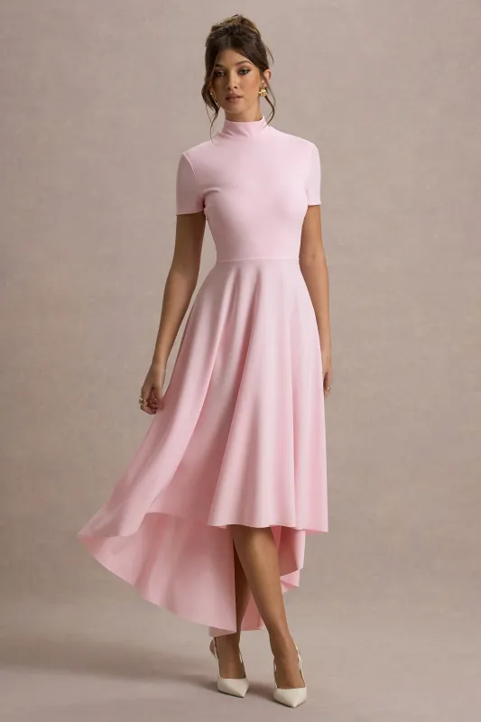 Bellona | Pink High-Neck High-Low Midi Dress sold by Club L London