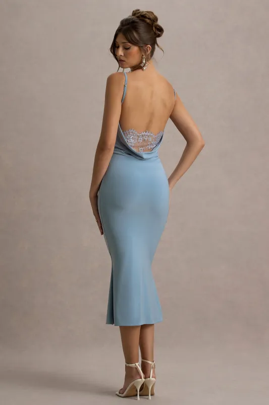 Addison | Powder Blue Cowl-Neck Open-Back Midi Dress With Lace sold by Club L London
