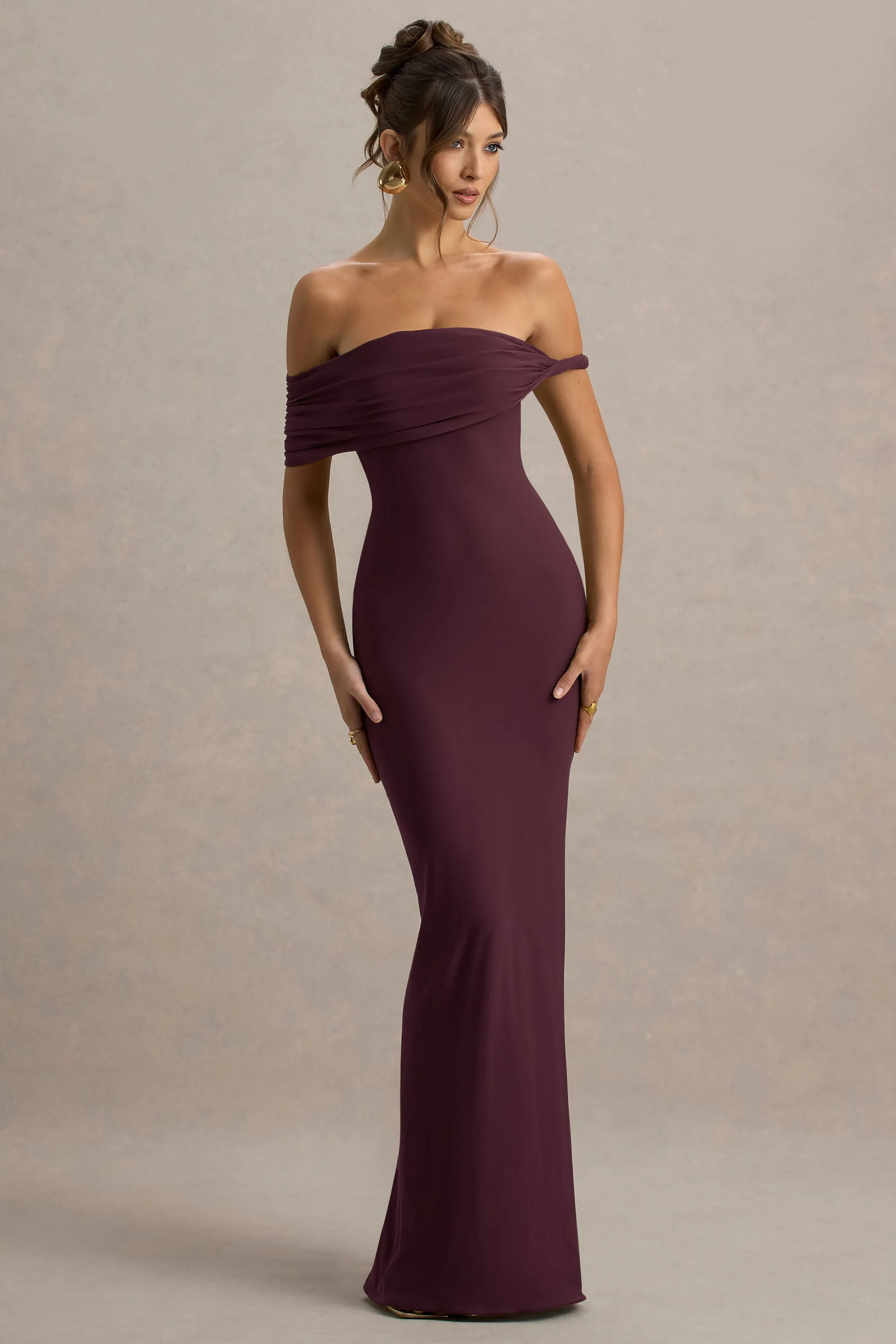Melika | Burgundy Twisted Bardot Maxi Dress sold by Club L London product image thumbnail 4