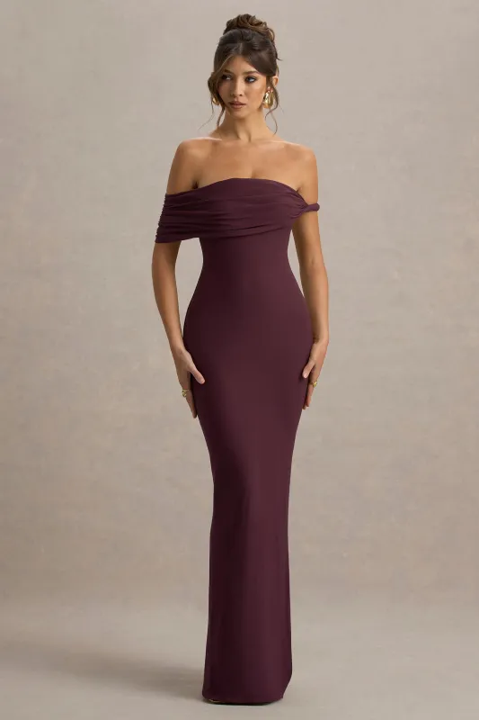 Melika | Burgundy Twisted Bardot Maxi Dress sold by Club L London