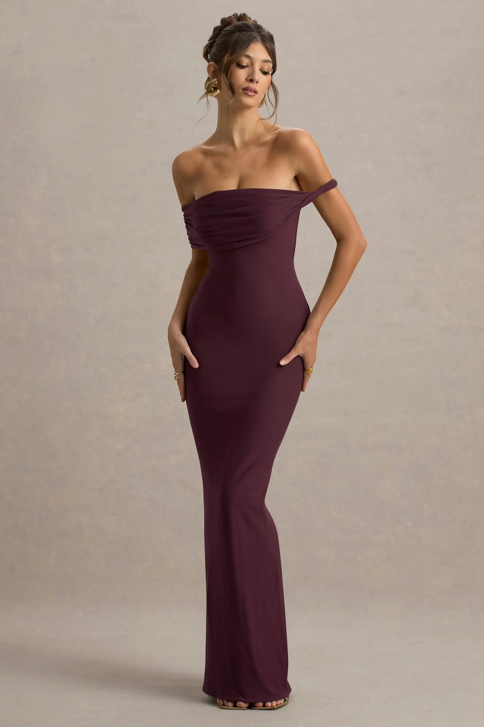 Melika | Burgundy Twisted Bardot Maxi Dress sold by Club L London product image thumbnail 5
