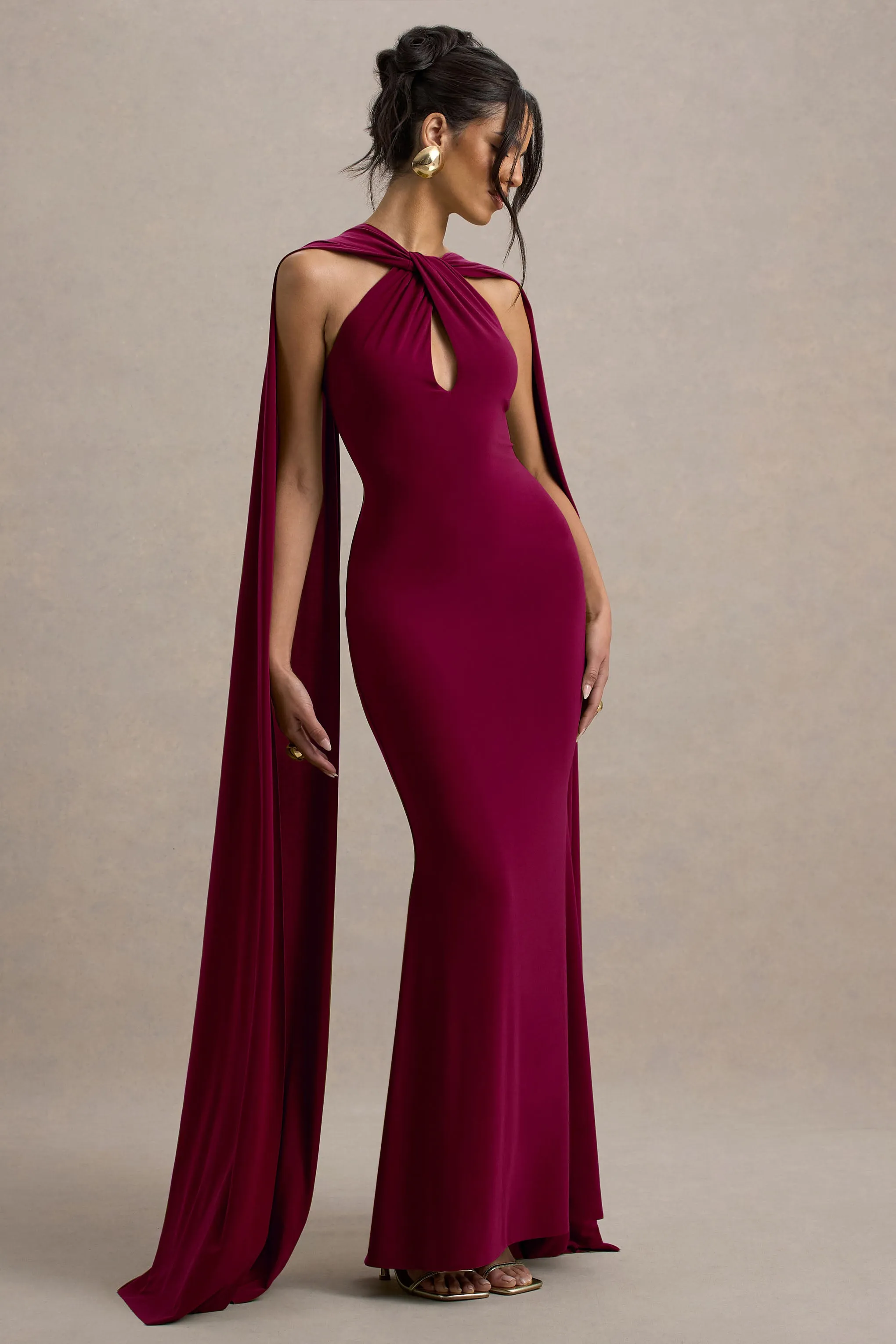 Rhoda | Burgundy Twist Halter-Neck Cape Maxi Dress sold by Club L London