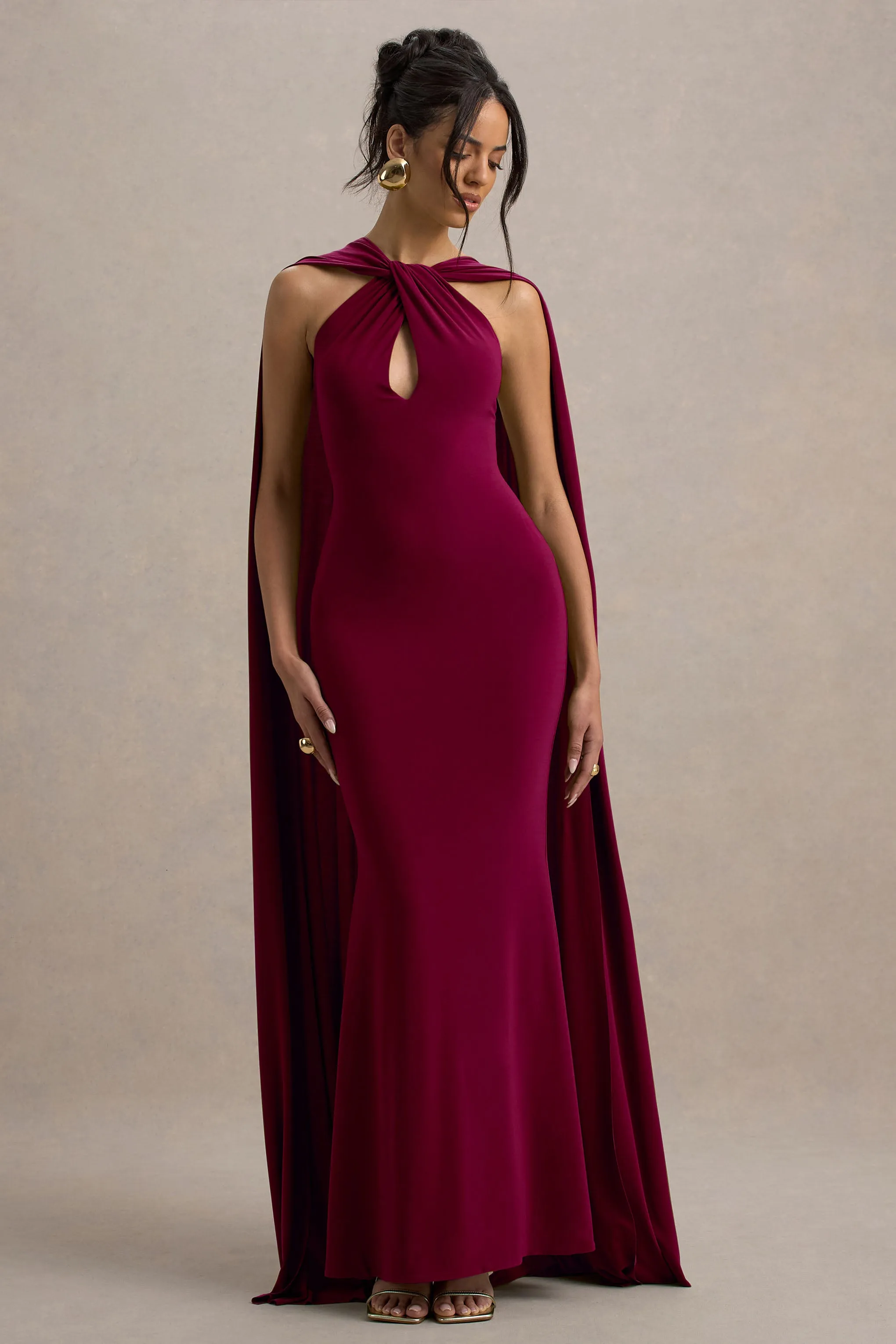 Rhoda | Burgundy Twist Halter-Neck Cape Maxi Dress sold by Club L London product image thumbnail 4