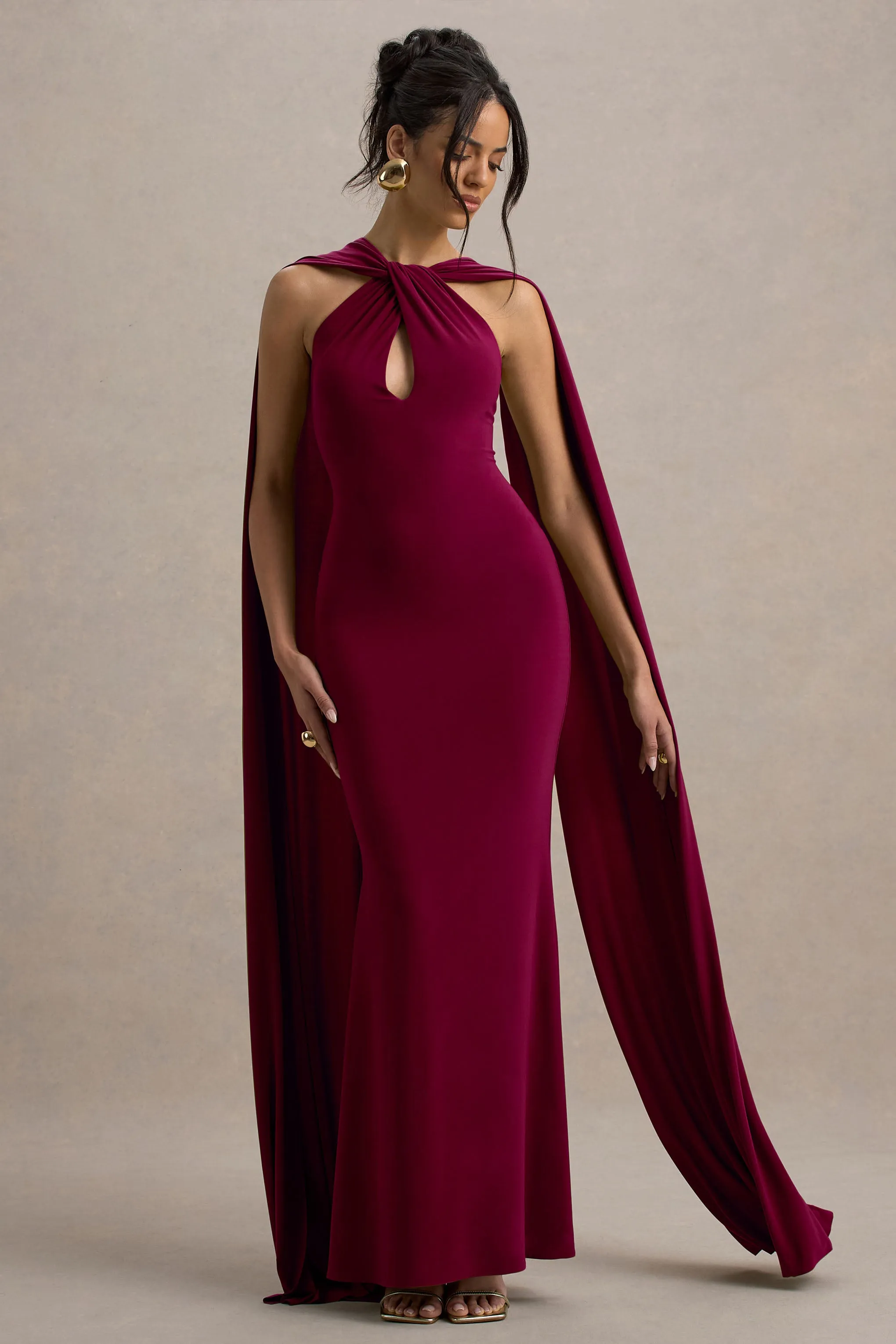 Rhoda | Burgundy Twist Halter-Neck Cape Maxi Dress sold by Club L London product image thumbnail 5