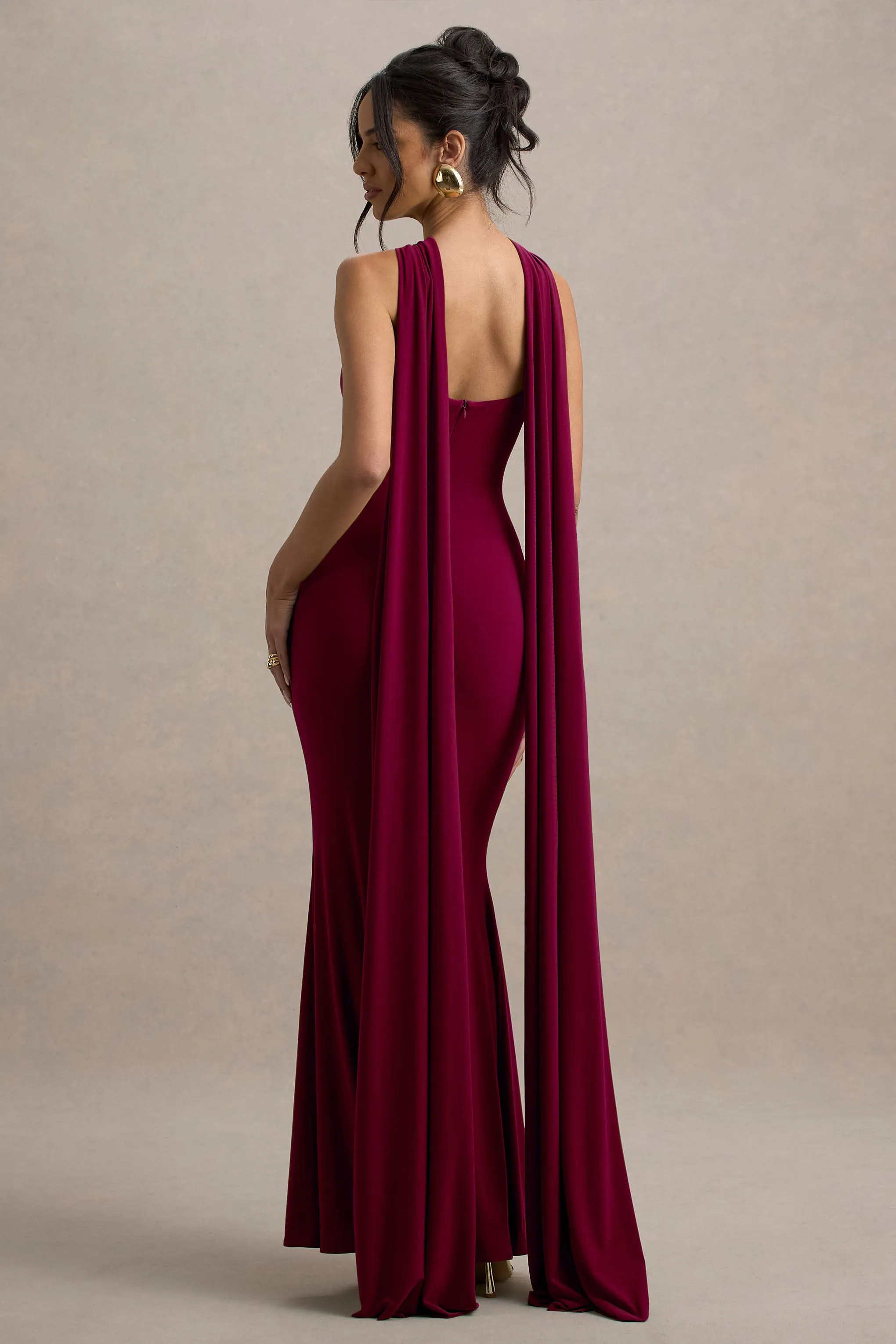 Rhoda | Burgundy Twist Halter-Neck Cape Maxi Dress sold by Club L London product image thumbnail 2