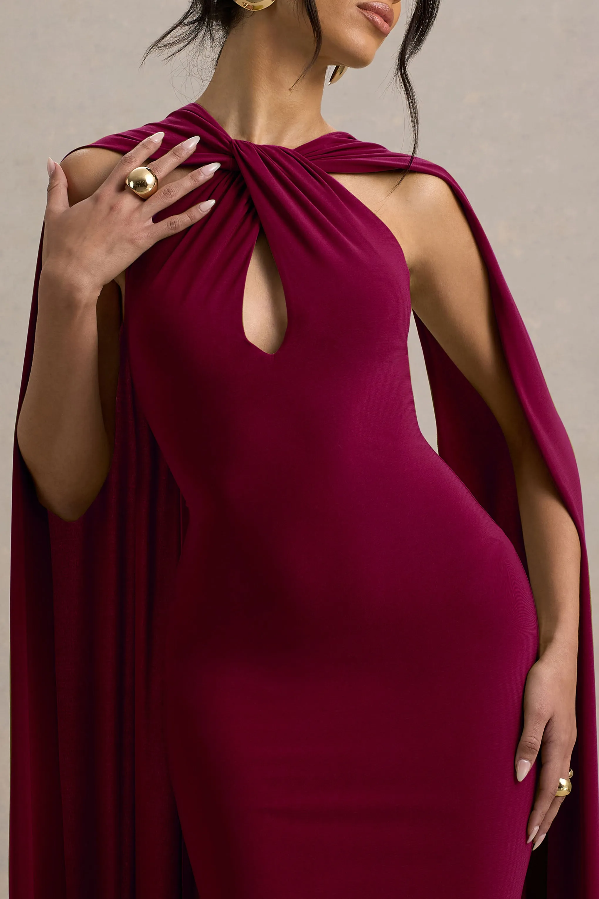Rhoda | Burgundy Twist Halter-Neck Cape Maxi Dress sold by Club L London product image thumbnail 3