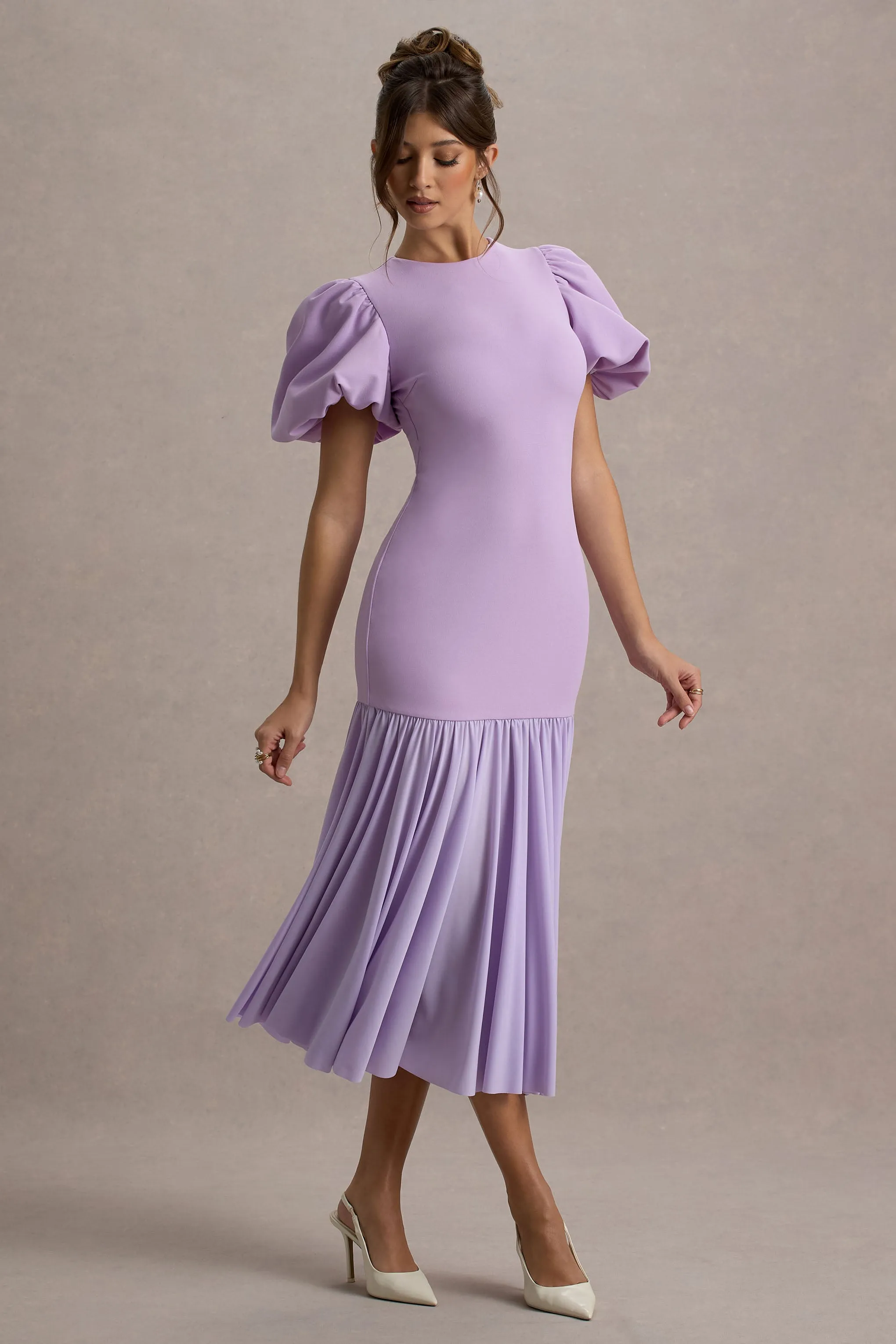 Cinzia | Lilac Puff-Sleeve Volume-Hem Midi Dress sold by Club L London product image thumbnail 5