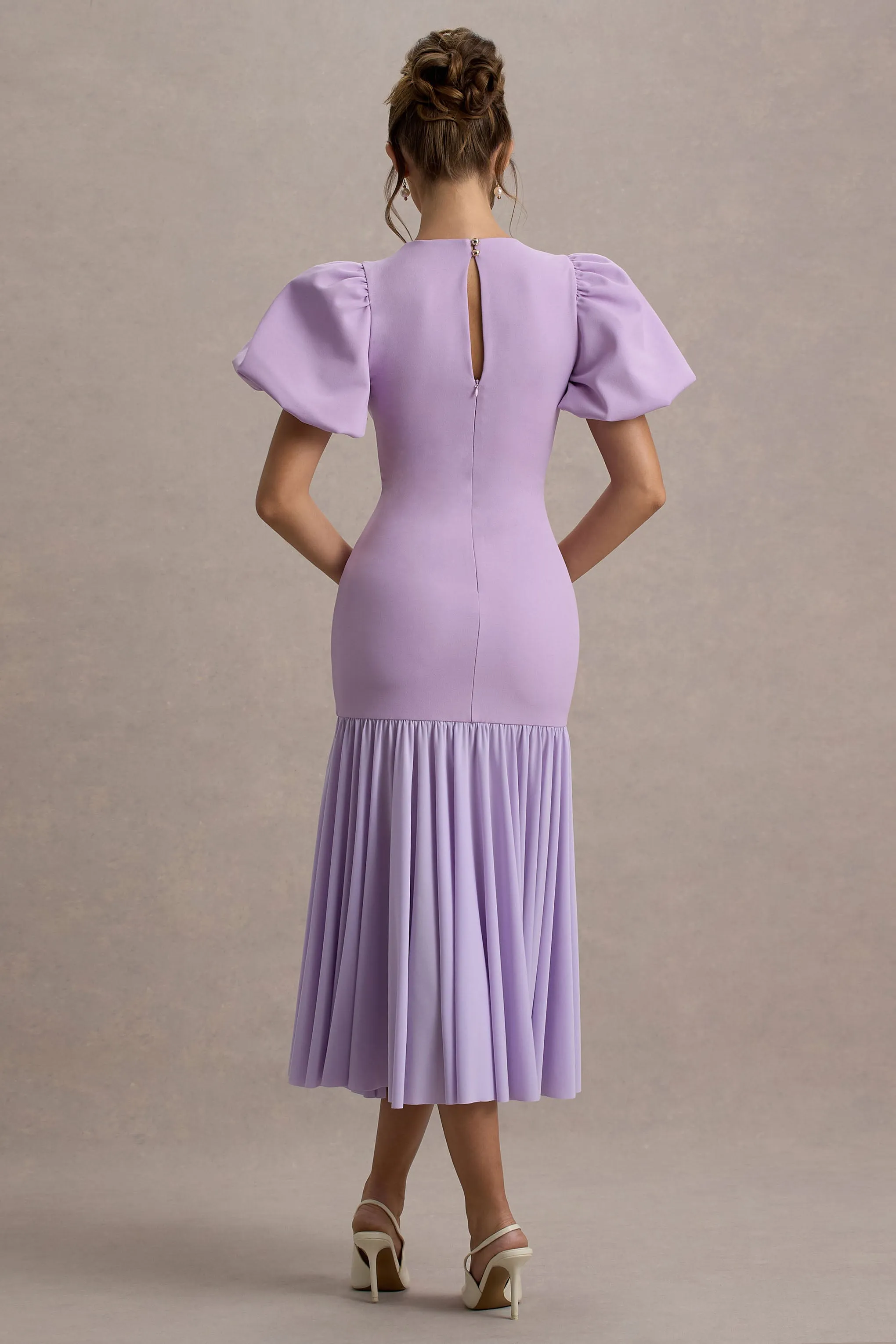 Cinzia | Lilac Puff-Sleeve Volume-Hem Midi Dress sold by Club L London product image thumbnail 2