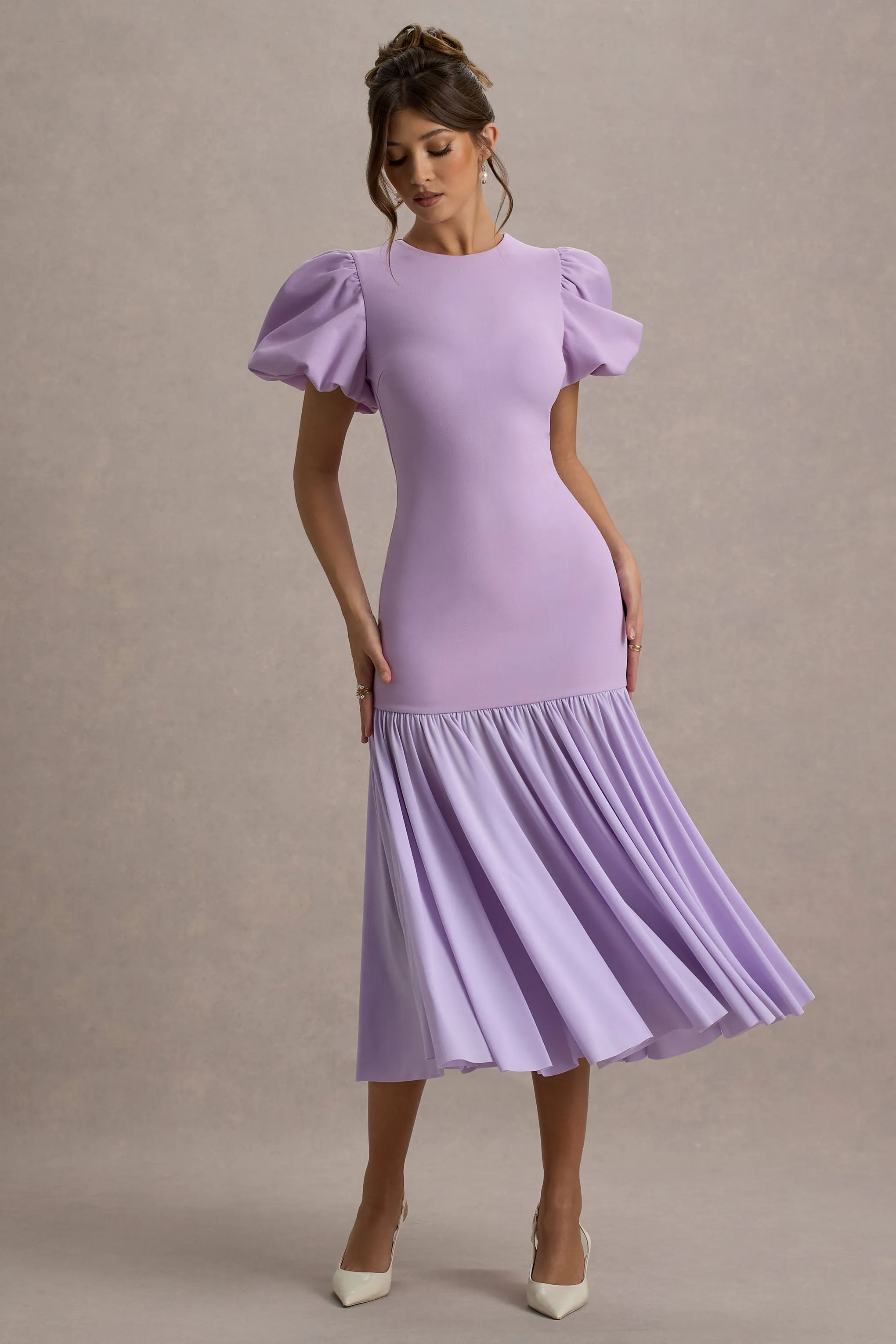 Cinzia | Lilac Puff-Sleeve Volume-Hem Midi Dress sold by Club L London product image thumbnail 4