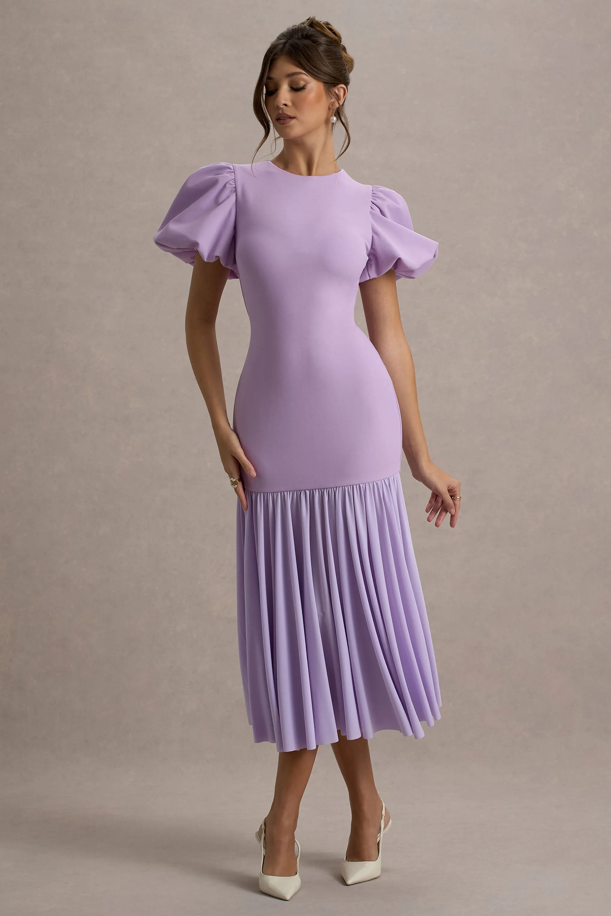 Cinzia | Lilac Puff-Sleeve Volume-Hem Midi Dress sold by Club L London