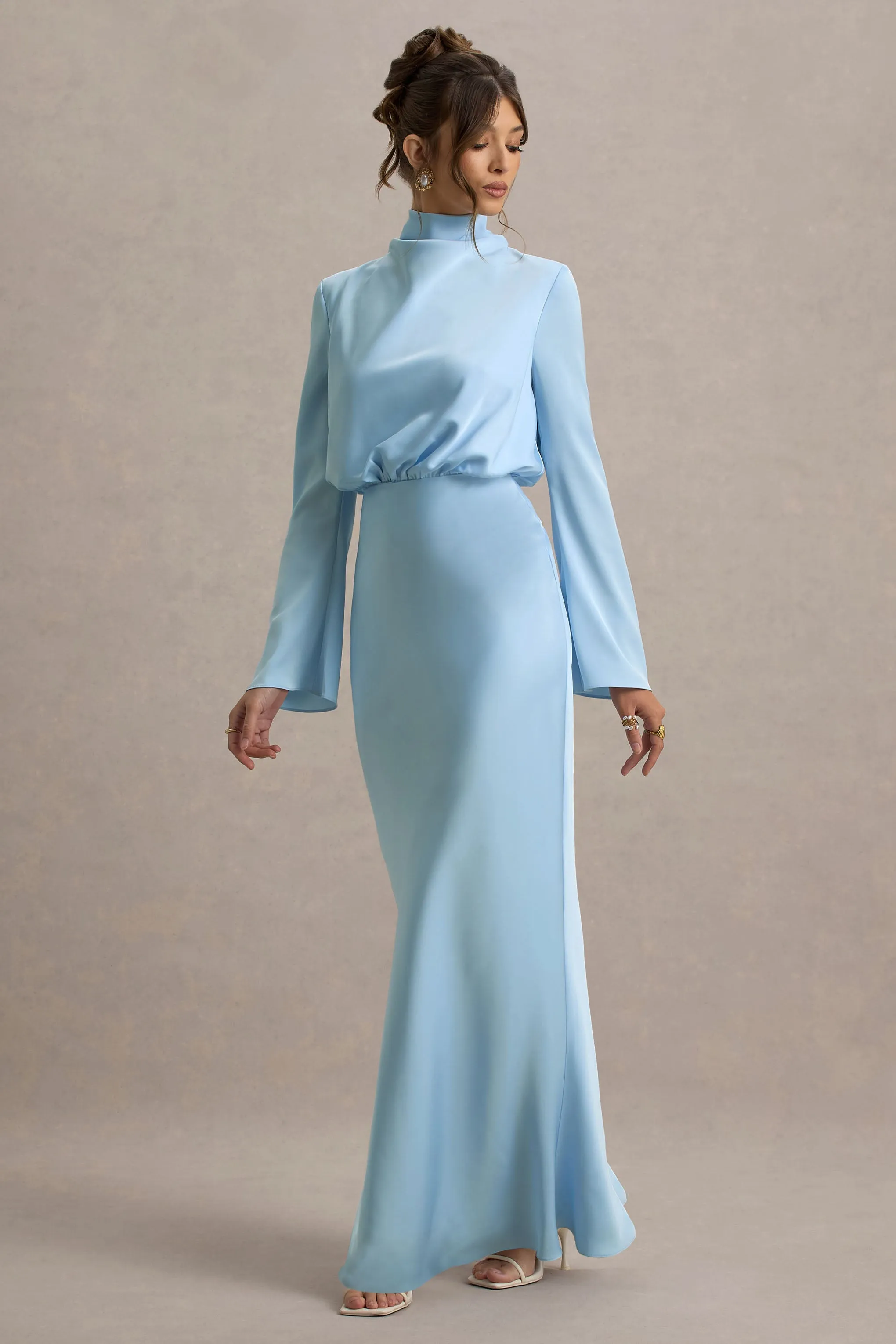 Celina | Powder Blue Satin High-Neck Maxi Dress sold by Club L London product image thumbnail 3
