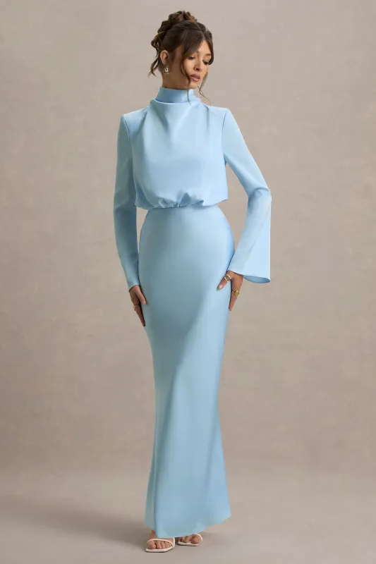 Celina | Powder Blue Satin High-Neck Maxi Dress sold by Club L London